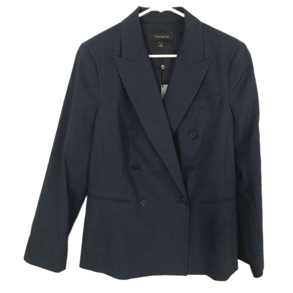 Talbots Blazer Women 14 Navy Blue Kate Fit Double Breasted Lined Suit Jacket NWT